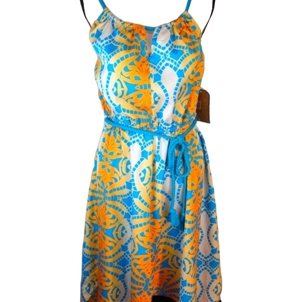 Route 66 Tropical Print Handkerchief Hem Rope Tie Halter Sun Dress, Medium